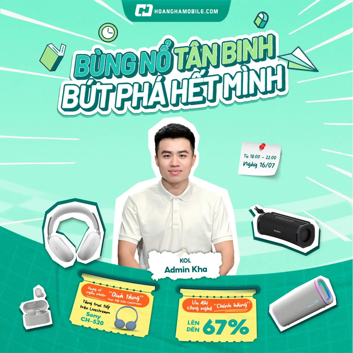 Banner livestream với khách mời nam mặc áo trắng và phụ kiện âm thanh