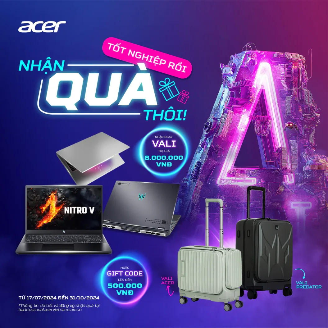 Poster Acer chủ đề quà tốt nghiệp với laptop và vali