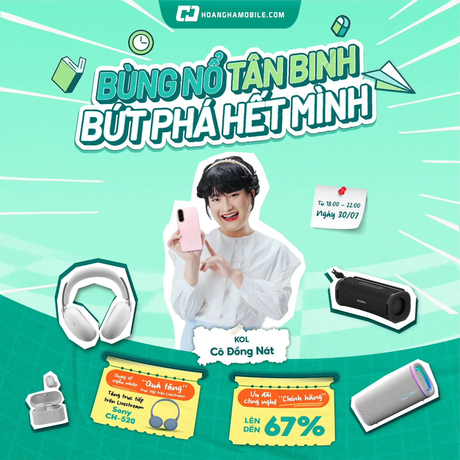 Banner livestream với khách mời đeo tai nghe chụp tai, cầm điện thoại